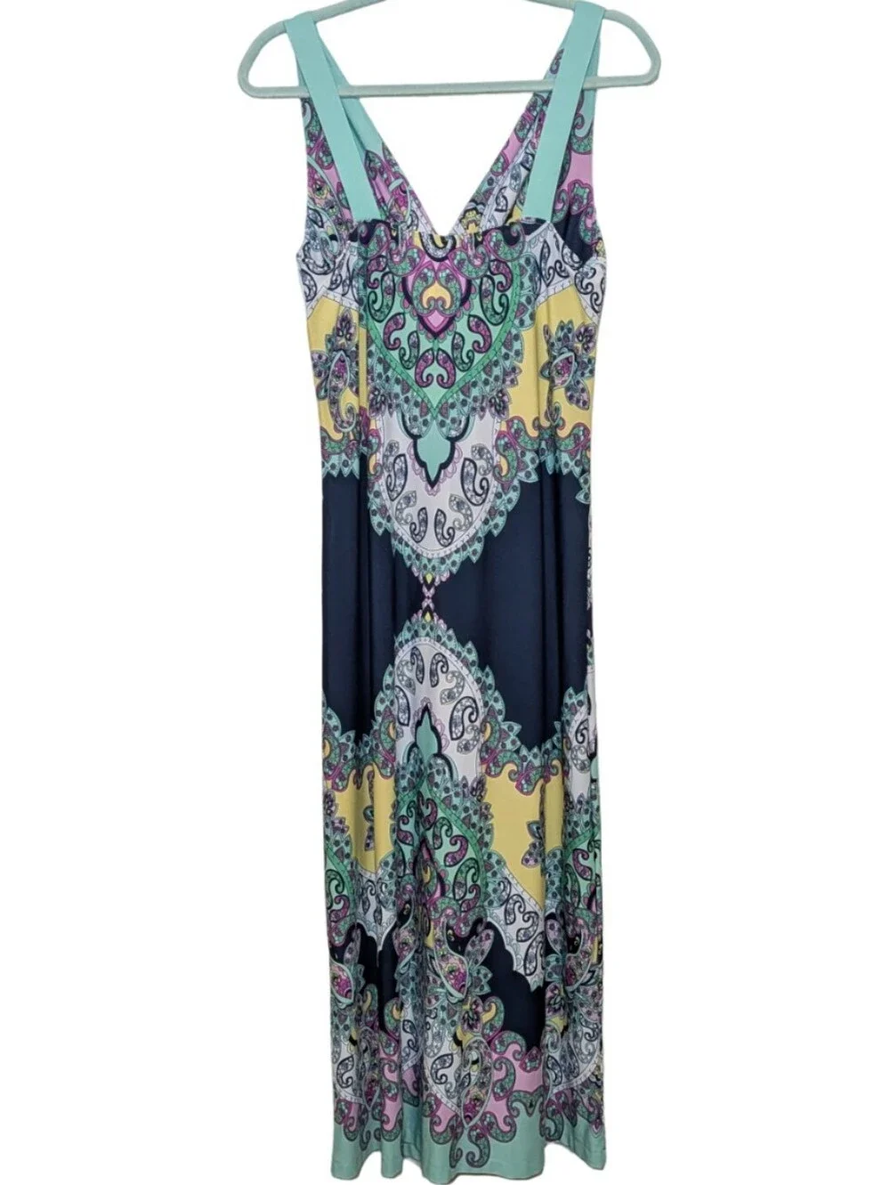 Metaphor | Long Paisley Print V-Neck Maxi Dress  Aqua and Navy | Wedding | Party